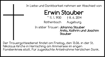 Traueranzeige von Erwin Stauber von Pegnitz-Zeitung